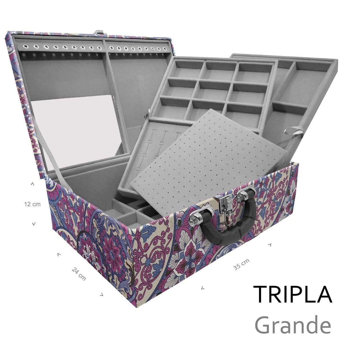 Estojo Maleta Porta Jóias Triplo Grande Mandala Roxa Com Alça Preta e Espelho - Sob Encomenda