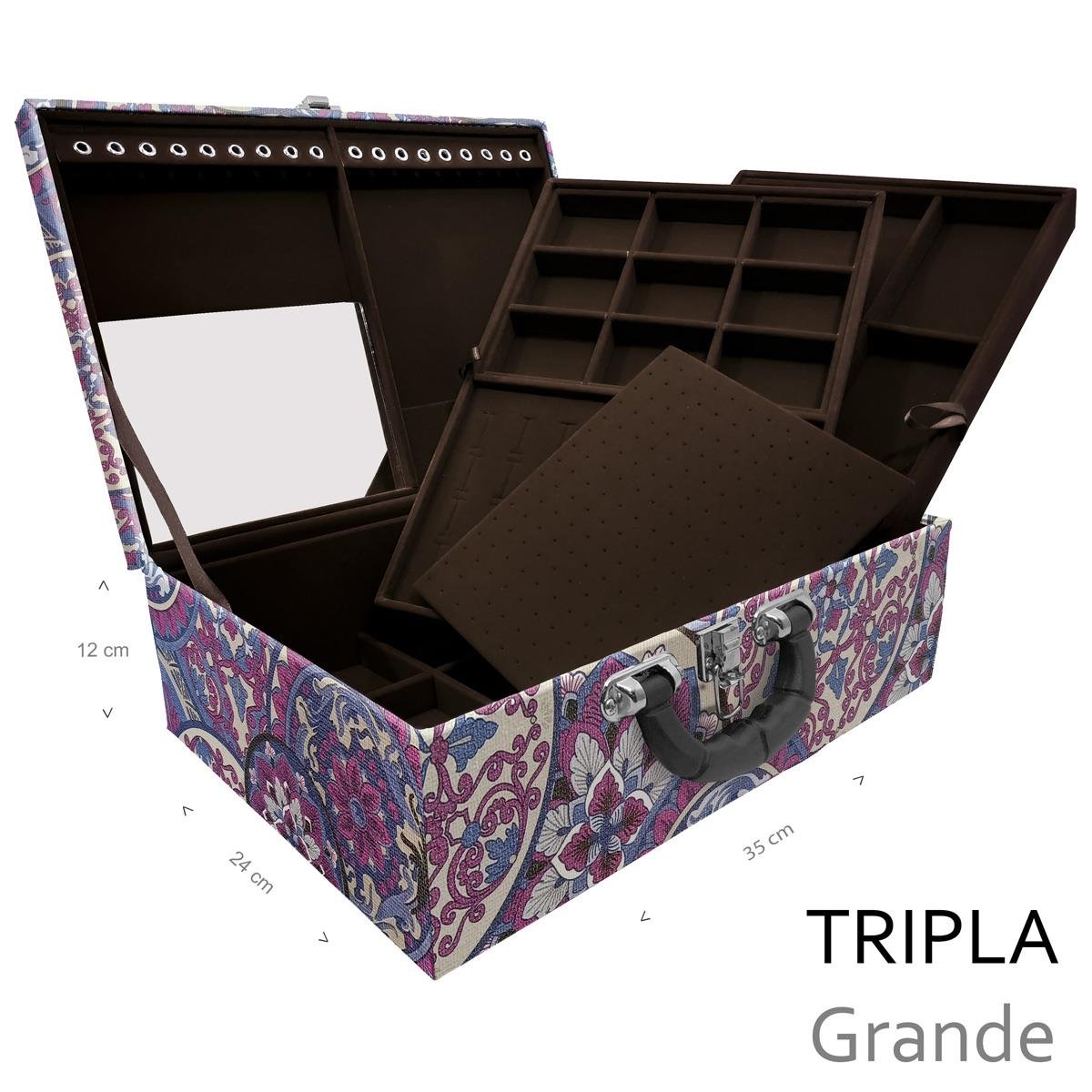 Estojo Maleta Porta Jóias Triplo Grande Mandala Roxa Com Alça Preta e Espelho - Sob Encomenda