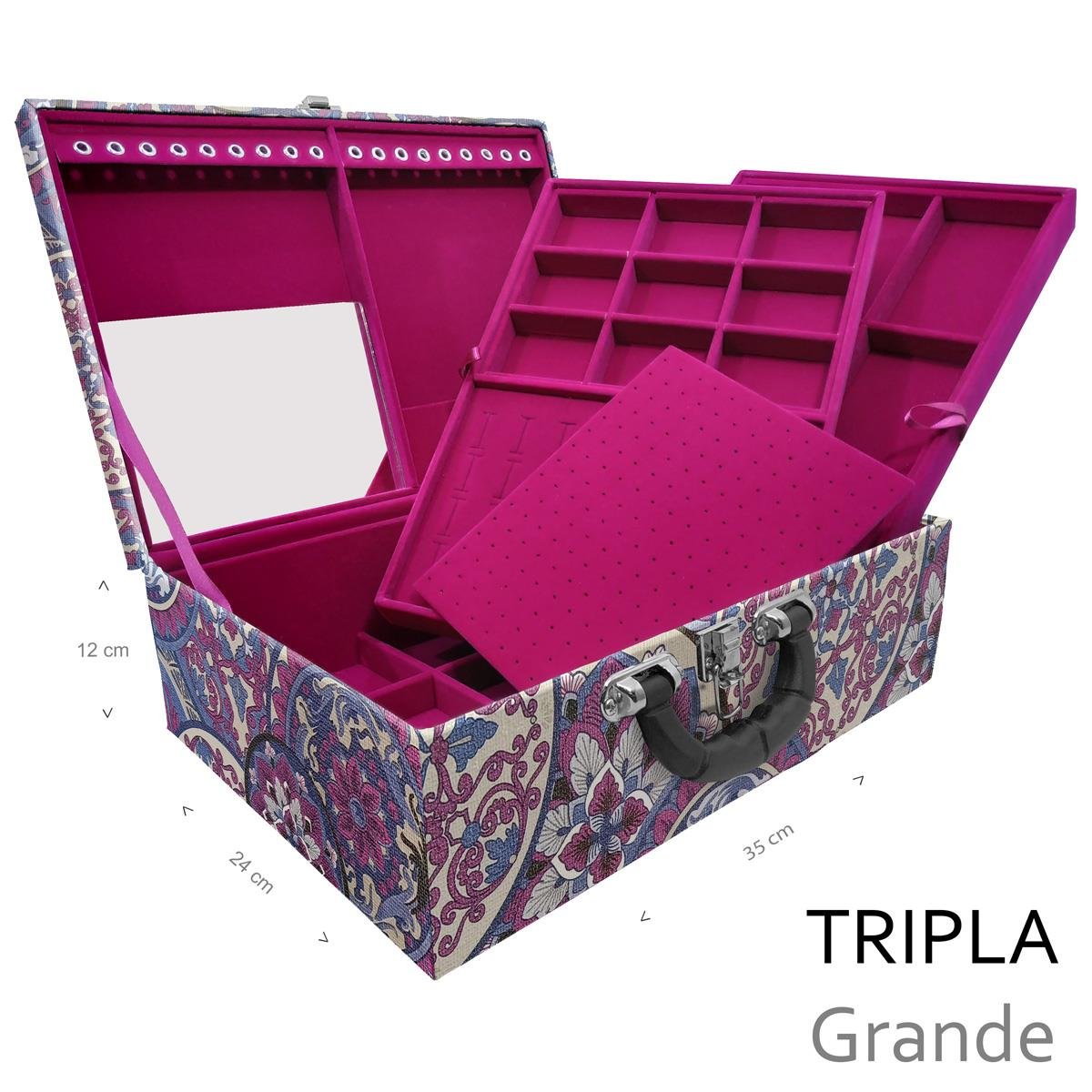Estojo Maleta Porta Jóias Triplo Grande Mandala Roxa Com Alça Preta e Espelho - Sob Encomenda