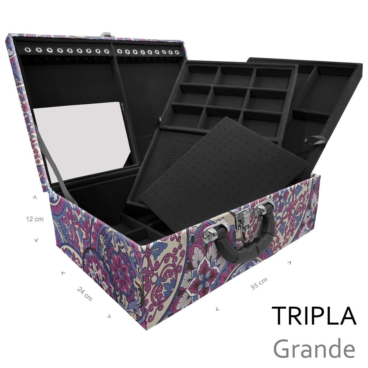 Estojo Maleta Porta Jóias Triplo Grande Mandala Roxa Com Alça Preta e Espelho - Sob Encomenda