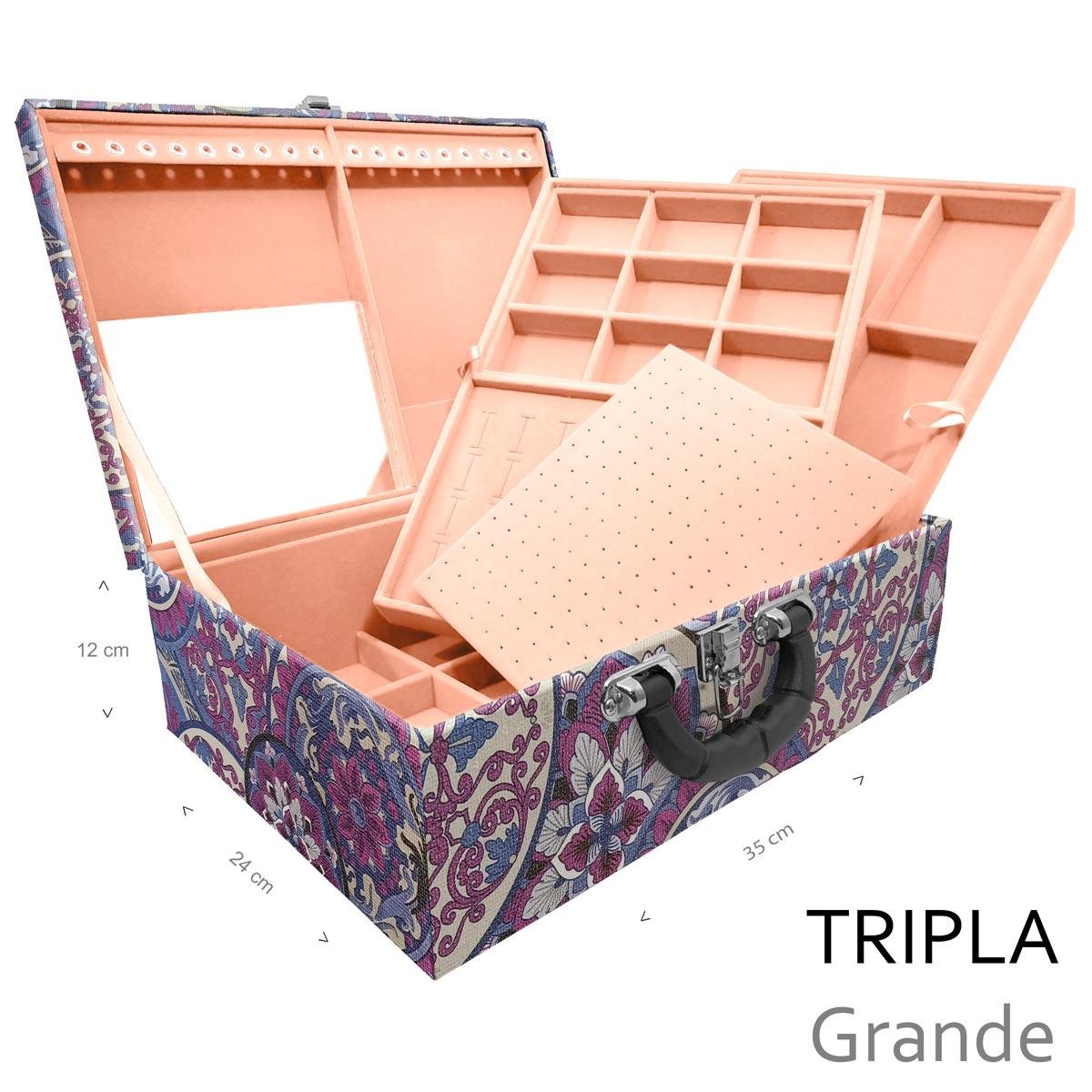 Estojo Maleta Porta Jóias Triplo Grande Mandala Roxa Com Alça Preta e Espelho - Sob Encomenda