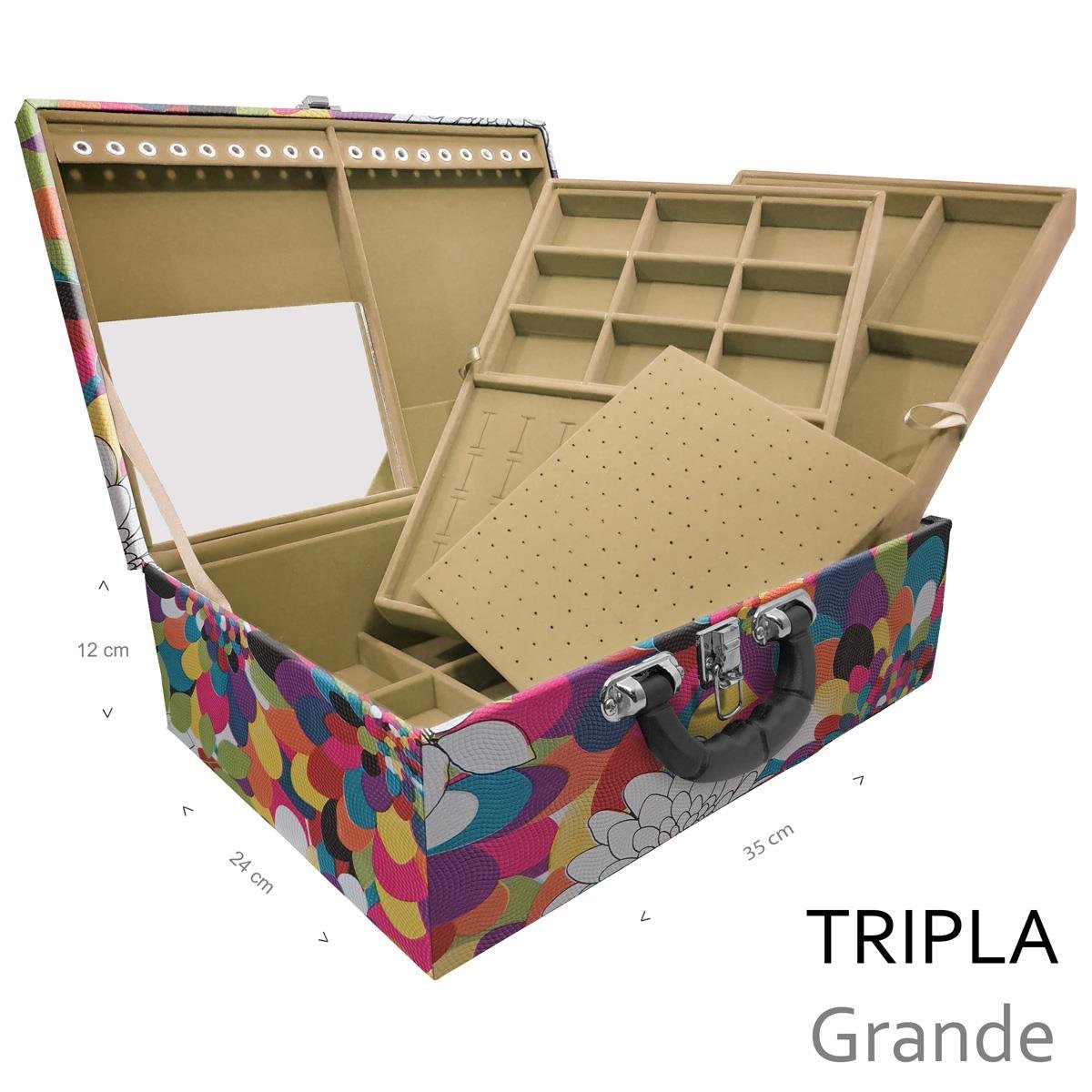 Estojo Maleta Porta Jóias Triplo Grande Mosaico Girassol Com Alça Preta e Espelho - Sob Encomenda