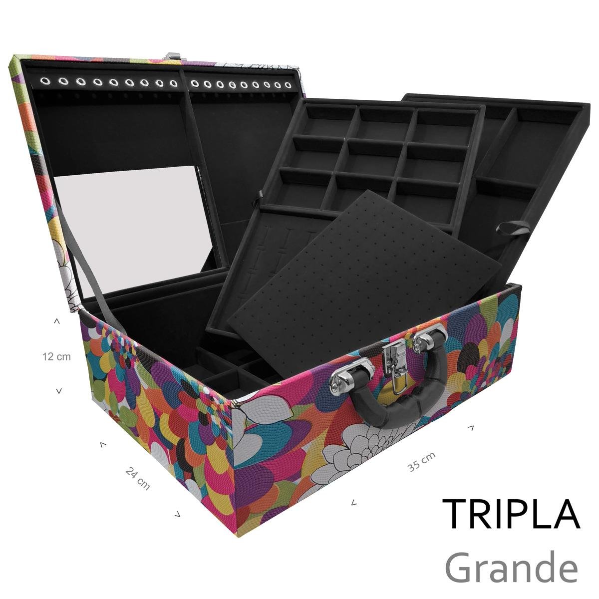 Estojo Maleta Porta Jóias Triplo Grande Mosaico Girassol Com Alça Preta e Espelho - Sob Encomenda