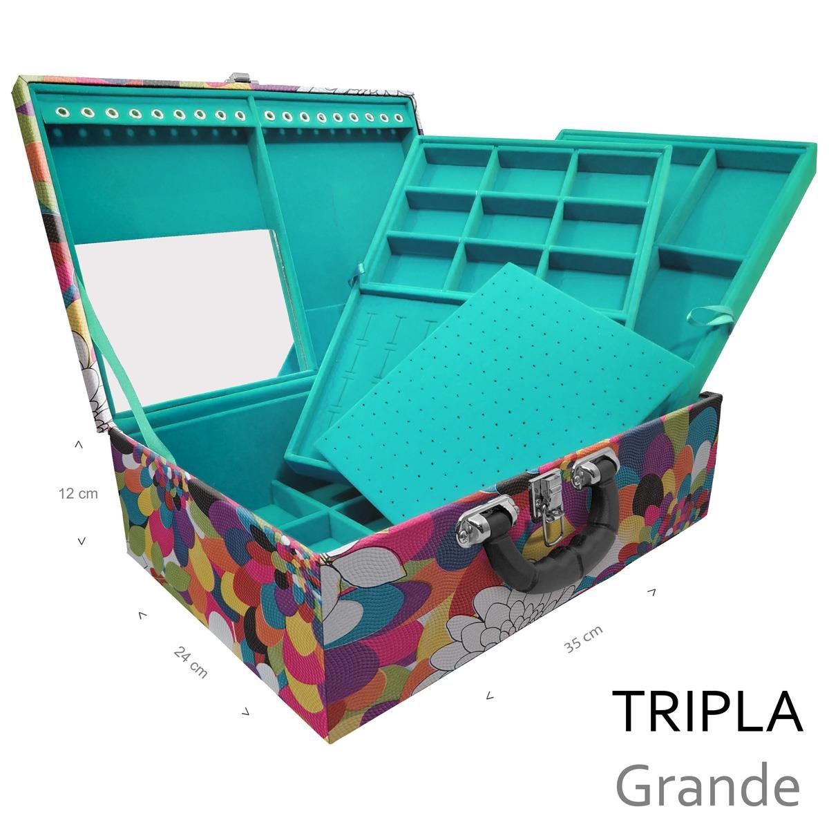 Estojo Maleta Porta Jóias Triplo Grande Mosaico Girassol Com Alça Preta e Espelho - Sob Encomenda