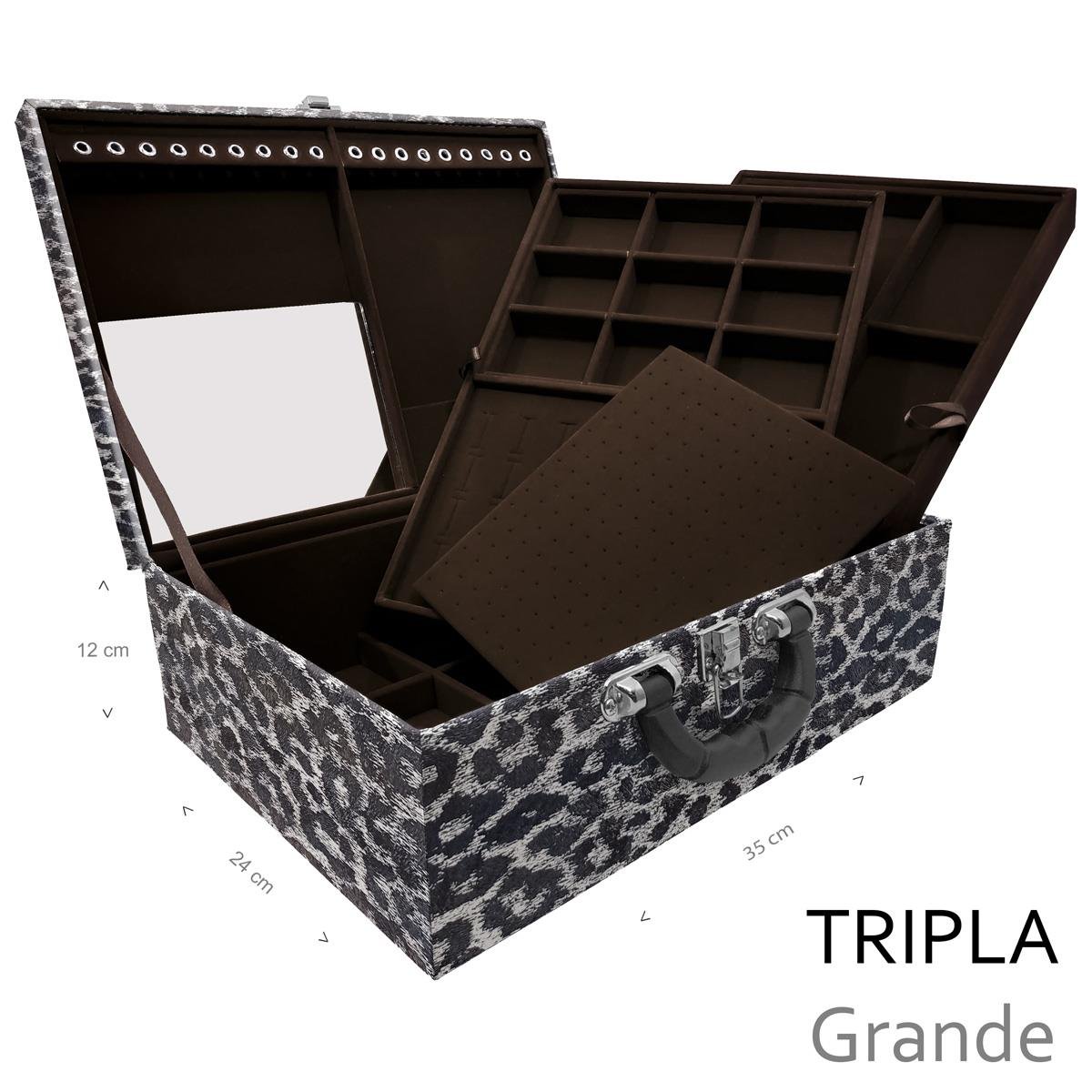 Estojo Maleta Porta Jóias Triplo Grande Onça Preta Com Alça Preta e Espelho - Sob Encomenda