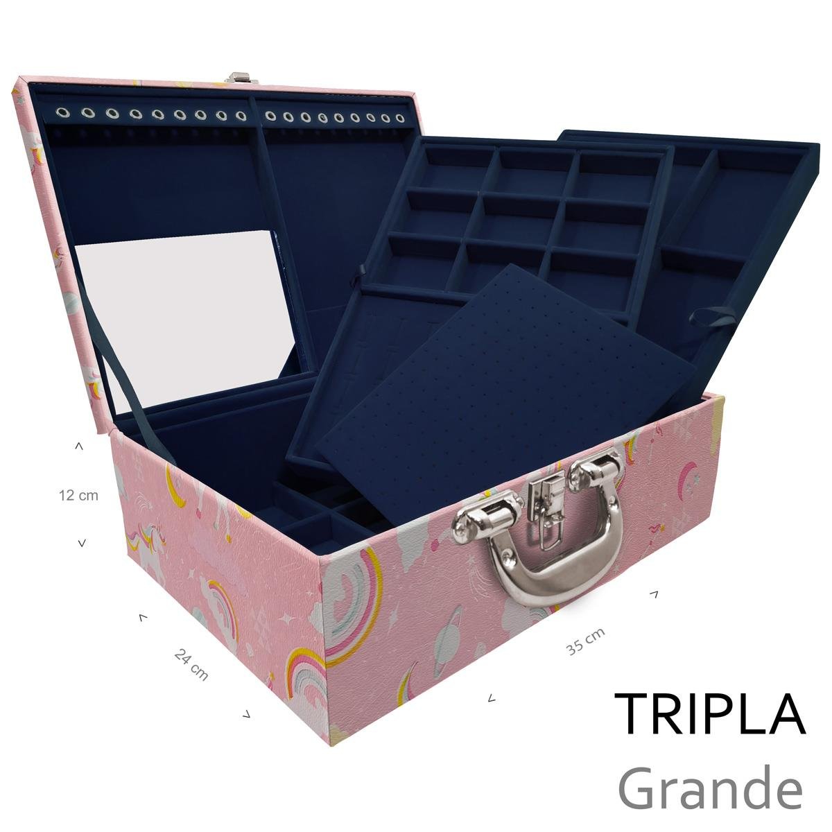 Estojo Maleta Porta Jóias Triplo Grande Unicórnio Rosa Com Alça Cromada e Espelho - Sob Encomenda