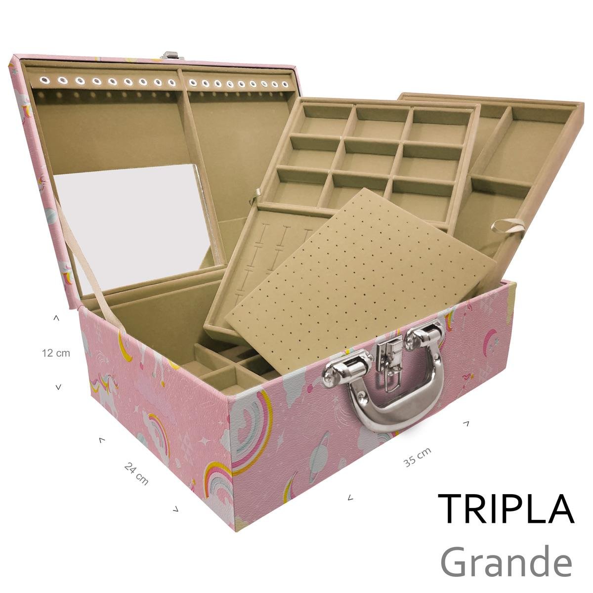 Estojo Maleta Porta Jóias Triplo Grande Unicórnio Rosa Com Alça Cromada e Espelho - Sob Encomenda