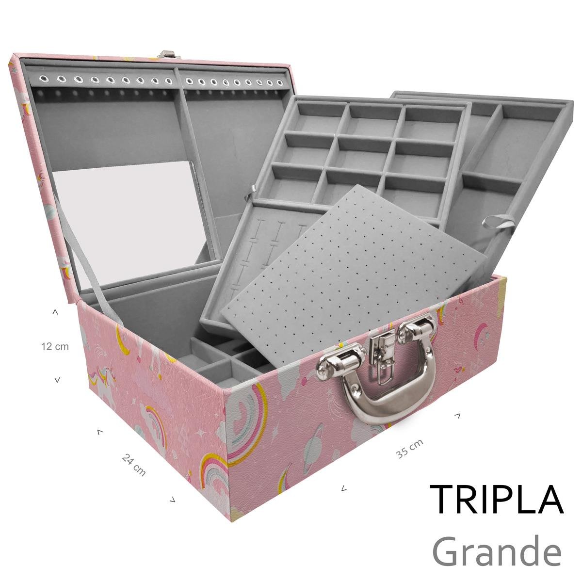Estojo Maleta Porta Jóias Triplo Grande Unicórnio Rosa Com Alça Cromada e Espelho - Sob Encomenda