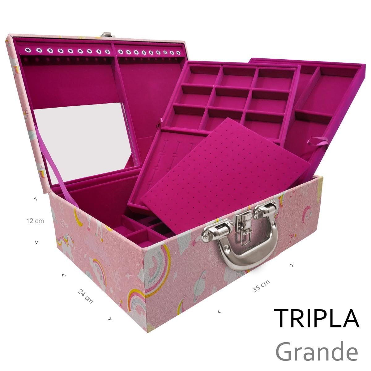 Estojo Maleta Porta Jóias Triplo Grande Unicórnio Rosa Com Alça Cromada e Espelho - Sob Encomenda