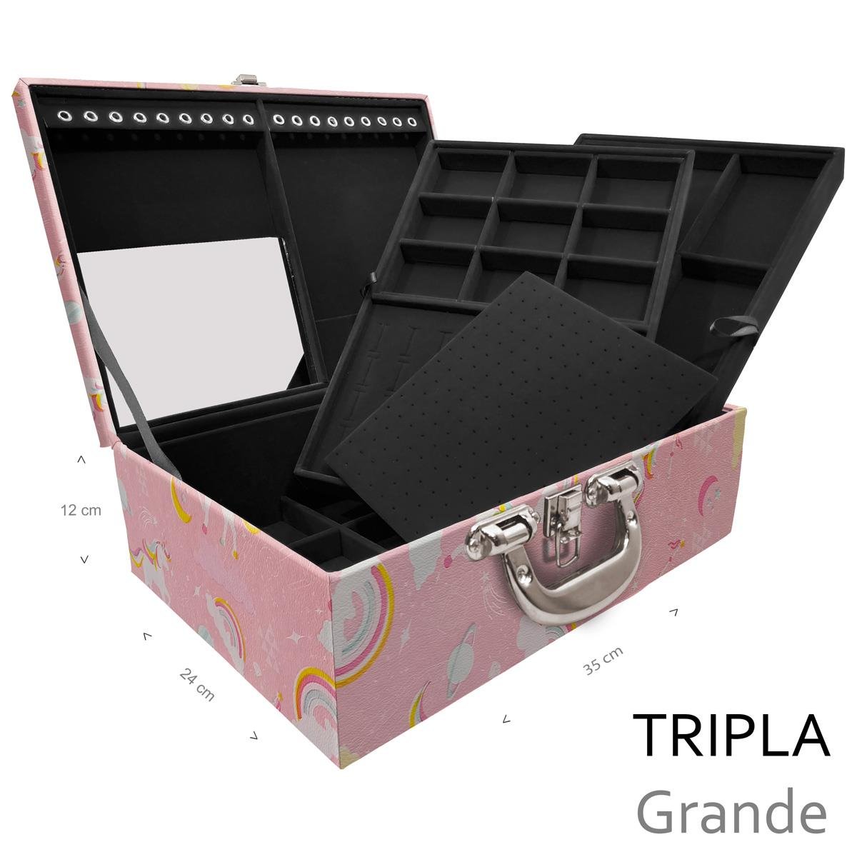 Estojo Maleta Porta Jóias Triplo Grande Unicórnio Rosa Com Alça Cromada e Espelho - Sob Encomenda