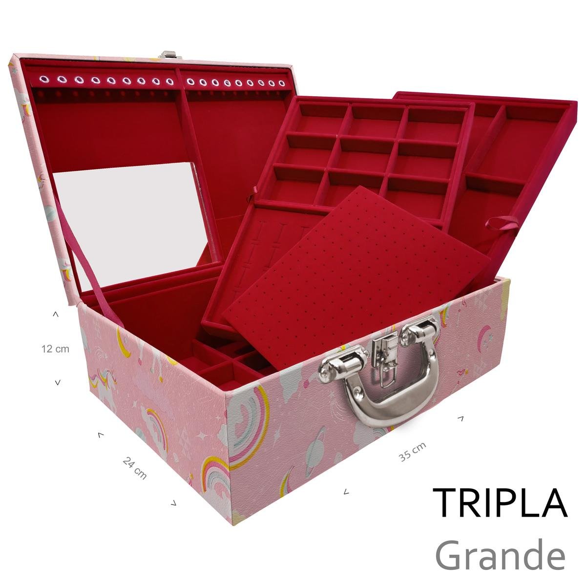 Estojo Maleta Porta Jóias Triplo Grande Unicórnio Rosa Com Alça Cromada e Espelho - Sob Encomenda