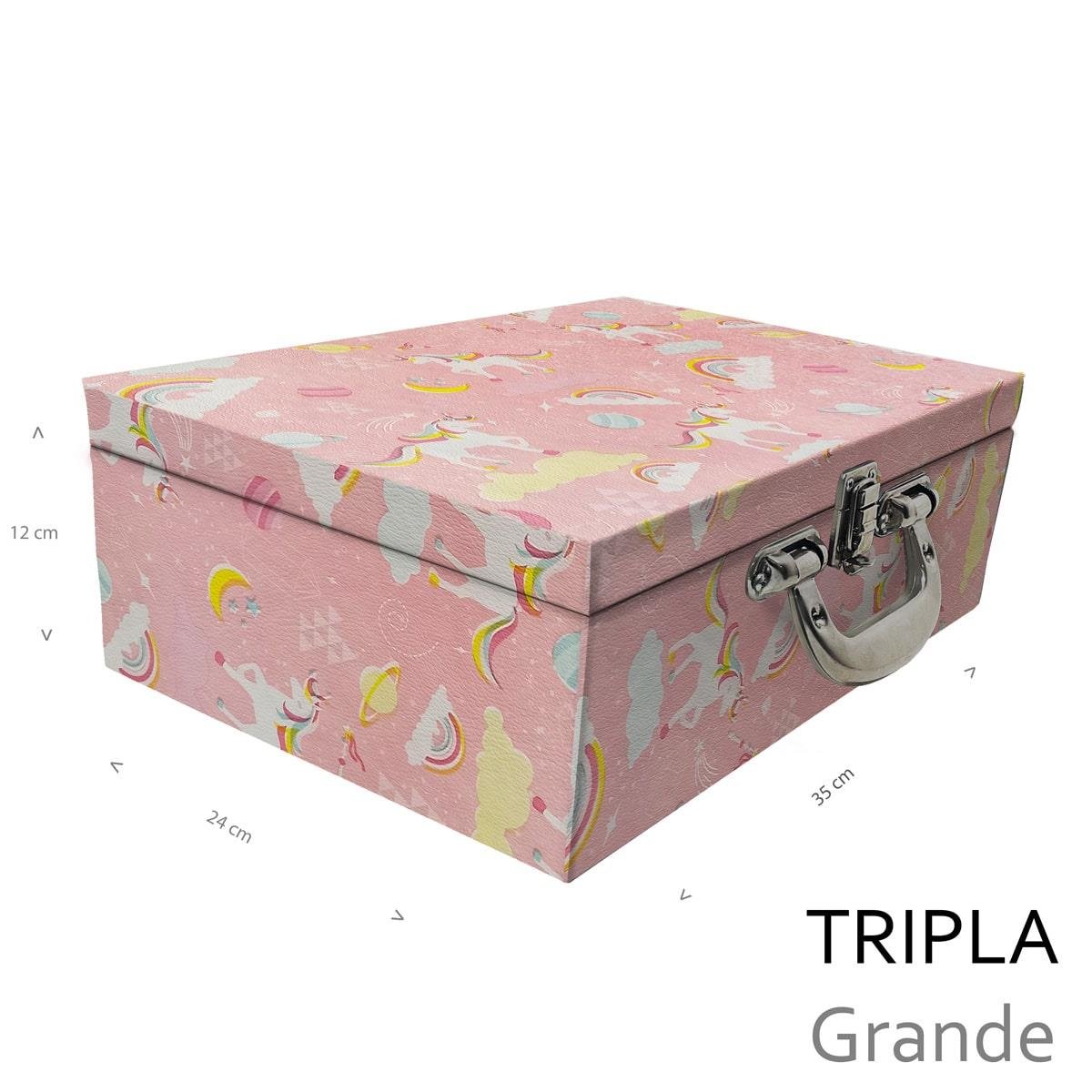 Estojo Maleta Porta Jóias Triplo Grande Unicórnio Rosa Com Alça Cromada e Espelho - Sob Encomenda