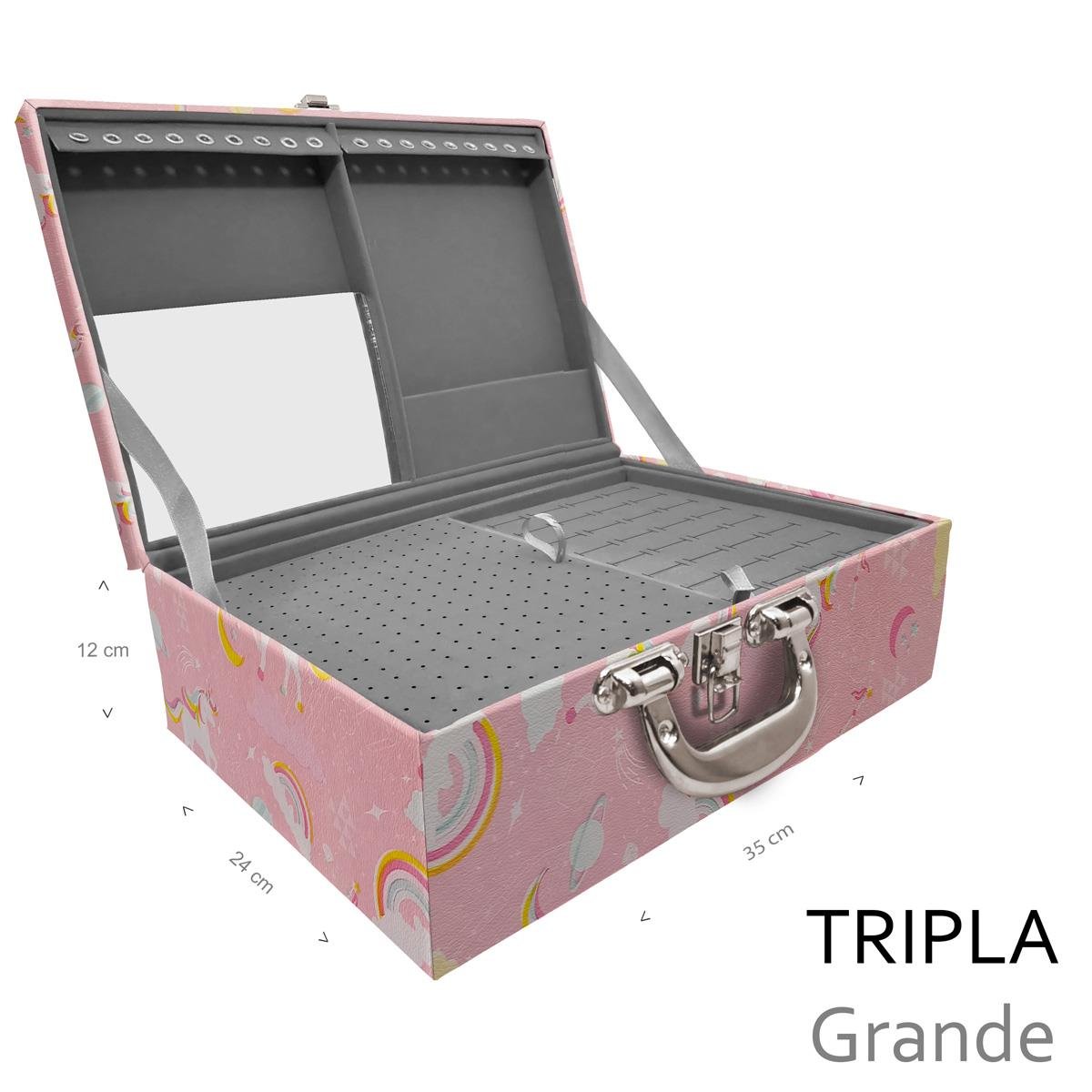 Estojo Maleta Porta Jóias Triplo Grande Unicórnio Rosa Com Alça Cromada e Espelho - Sob Encomenda