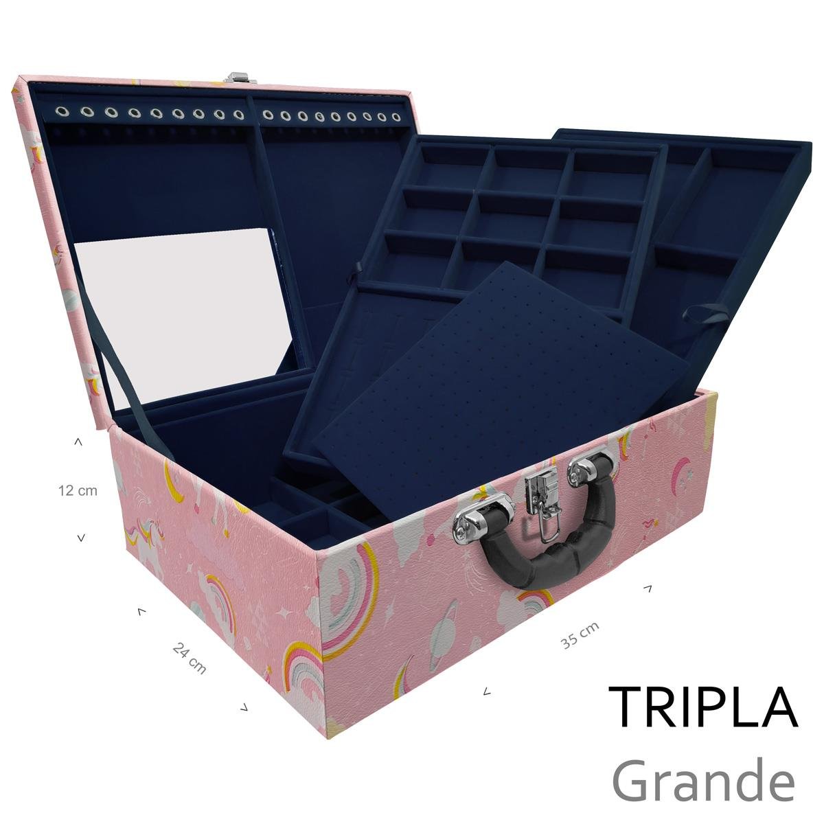 Estojo Maleta Porta Jóias Triplo Grande Unicórnio Rosa Com Alça Preta e Espelho - Sob Encomenda