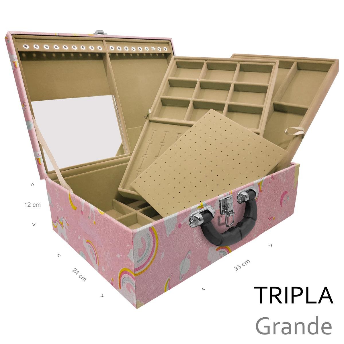 Estojo Maleta Porta Jóias Triplo Grande Unicórnio Rosa Com Alça Preta e Espelho - Sob Encomenda