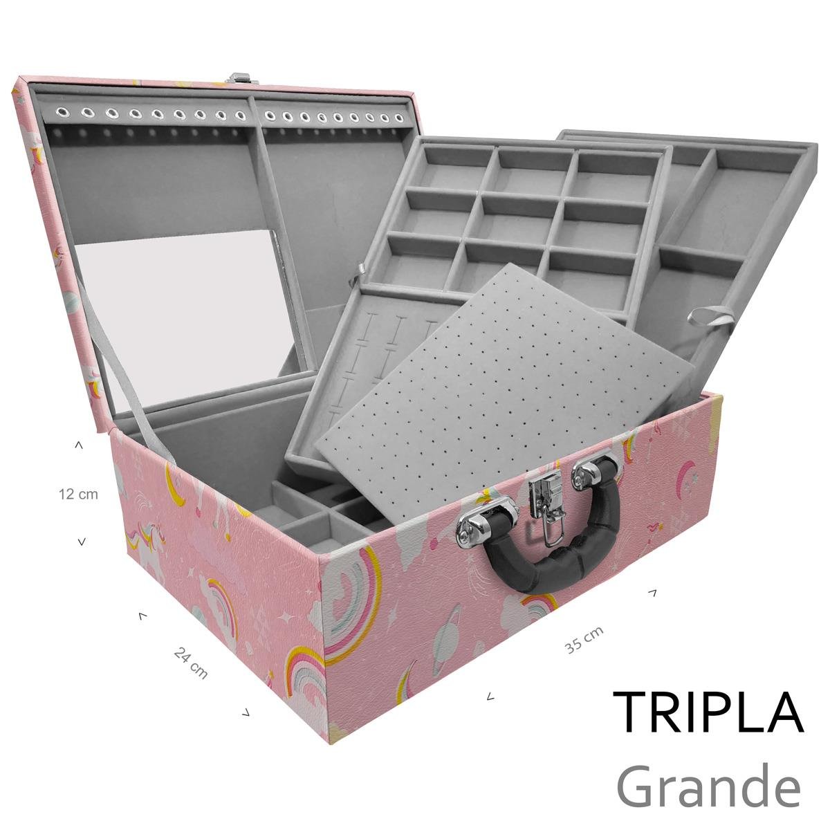 Estojo Maleta Porta Jóias Triplo Grande Unicórnio Rosa Com Alça Preta e Espelho - Sob Encomenda