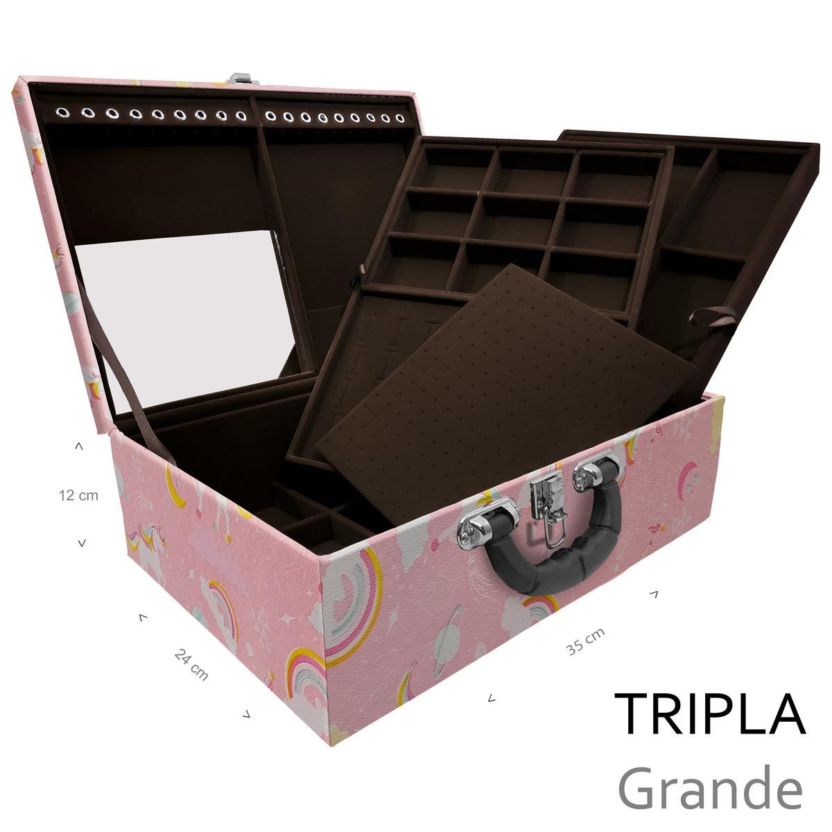 Estojo Maleta Porta Jóias Triplo Grande Unicórnio Rosa Com Alça Preta e Espelho - Sob Encomenda