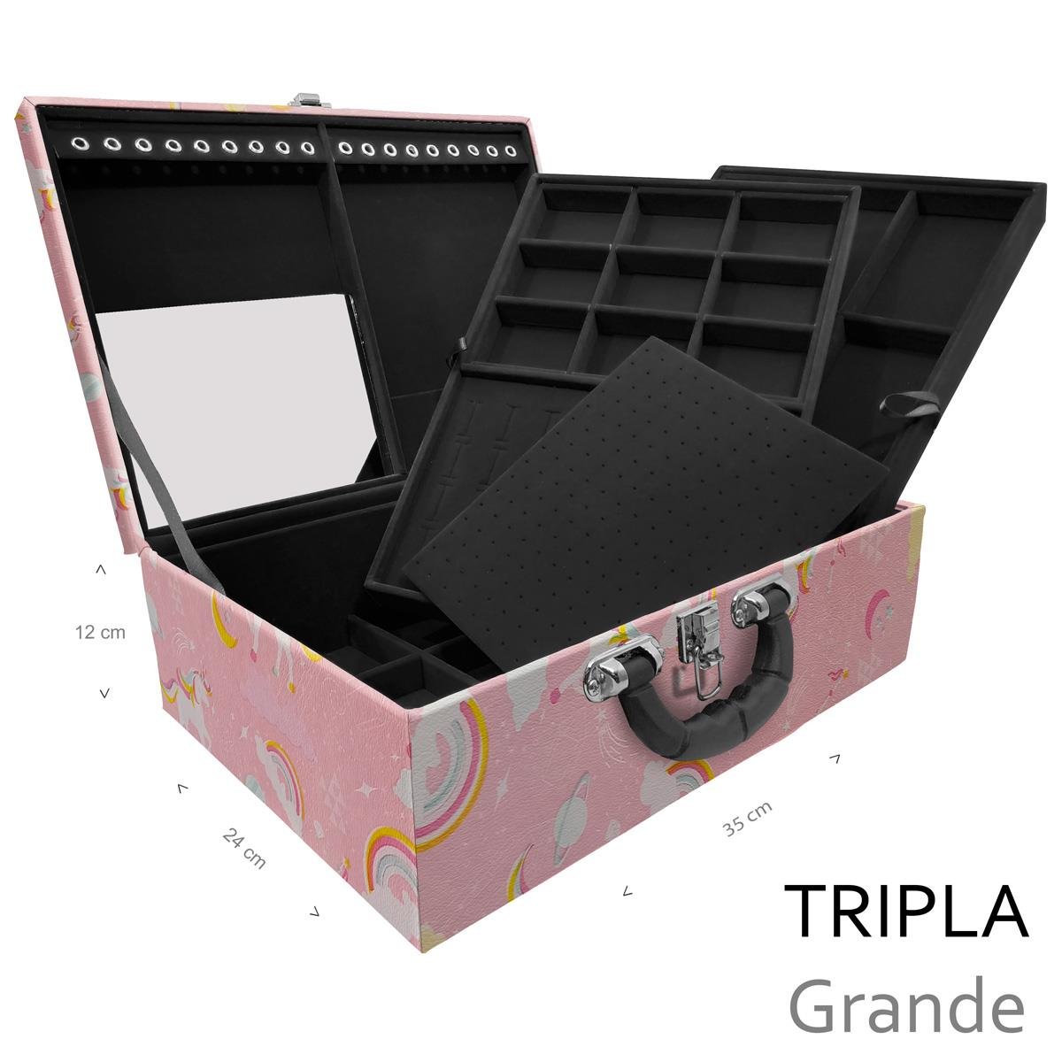 Estojo Maleta Porta Jóias Triplo Grande Unicórnio Rosa Com Alça Preta e Espelho - Sob Encomenda