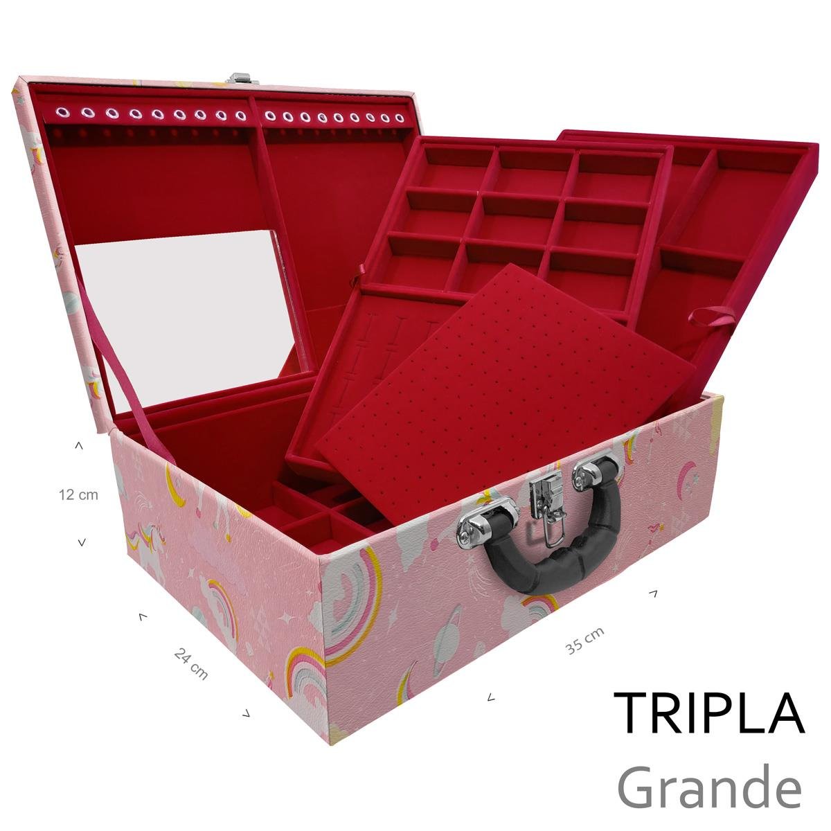Estojo Maleta Porta Jóias Triplo Grande Unicórnio Rosa Com Alça Preta e Espelho - Sob Encomenda