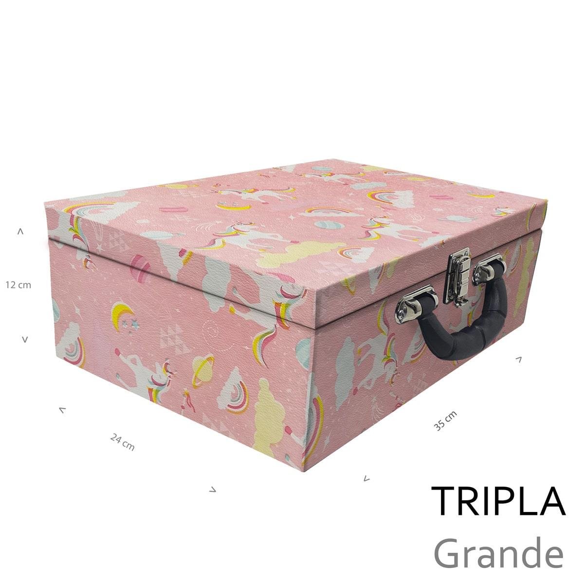 Estojo Maleta Porta Jóias Triplo Grande Unicórnio Rosa Com Alça Preta e Espelho - Sob Encomenda