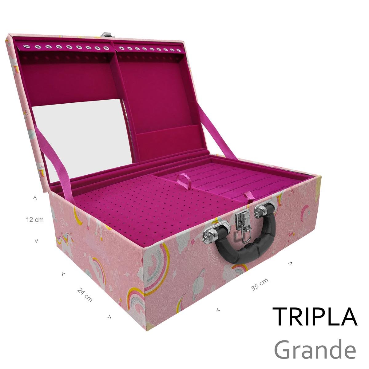 Estojo Maleta Porta Jóias Triplo Grande Unicórnio Rosa Com Alça Preta e Espelho - Sob Encomenda