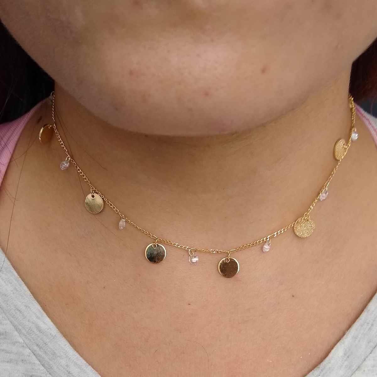 Gargantilha Grumet com Plaquinha e Zircônia Folheado a Ouro