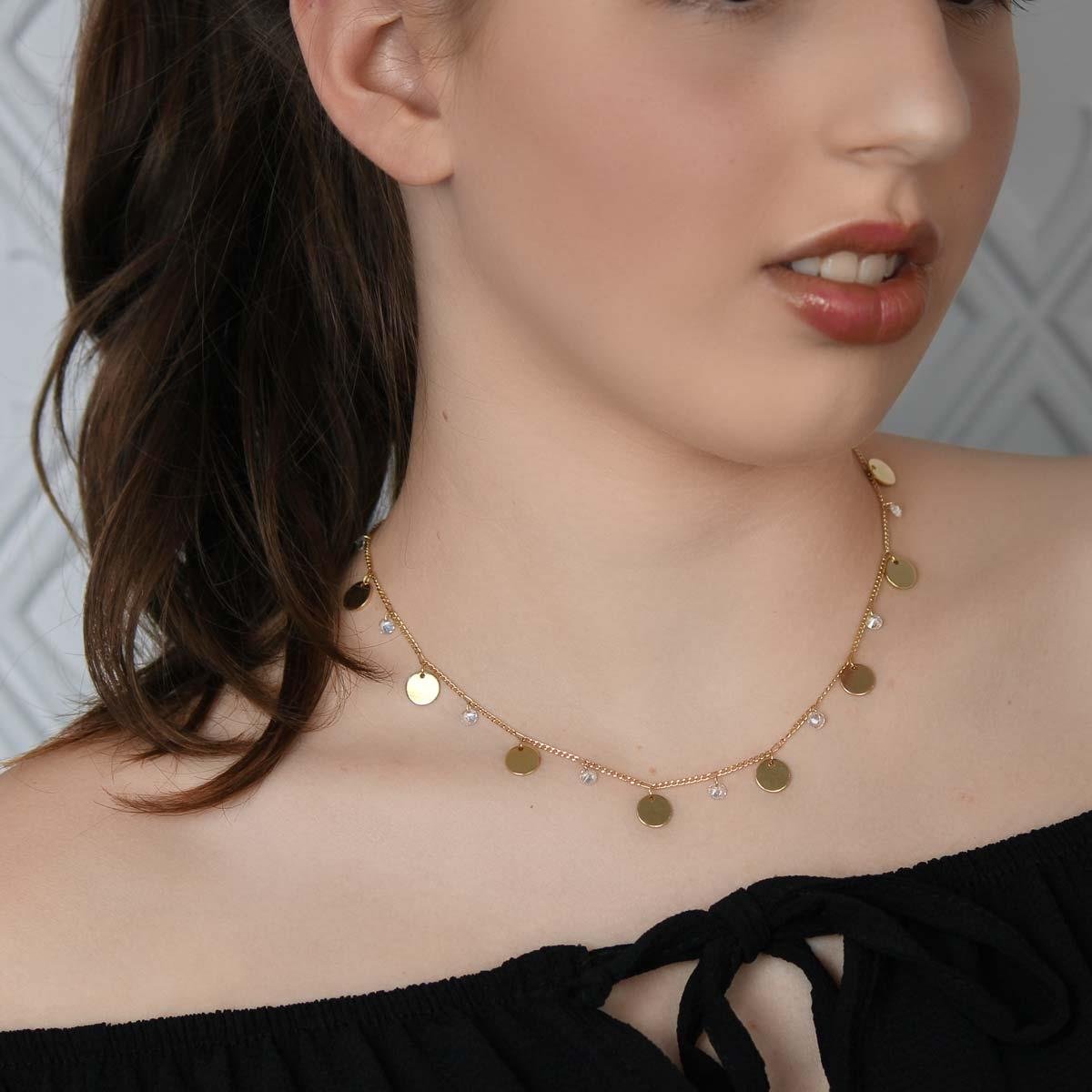 Gargantilha Grumet com Plaquinha e Zircônia Folheado a Ouro