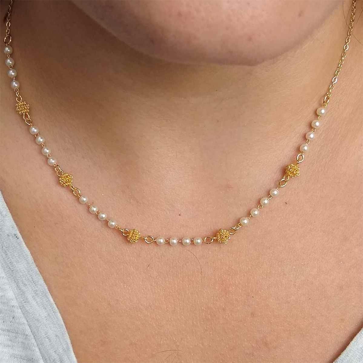 Gargantilha Elo Americano Pérola e Bolinha Folheado a Ouro