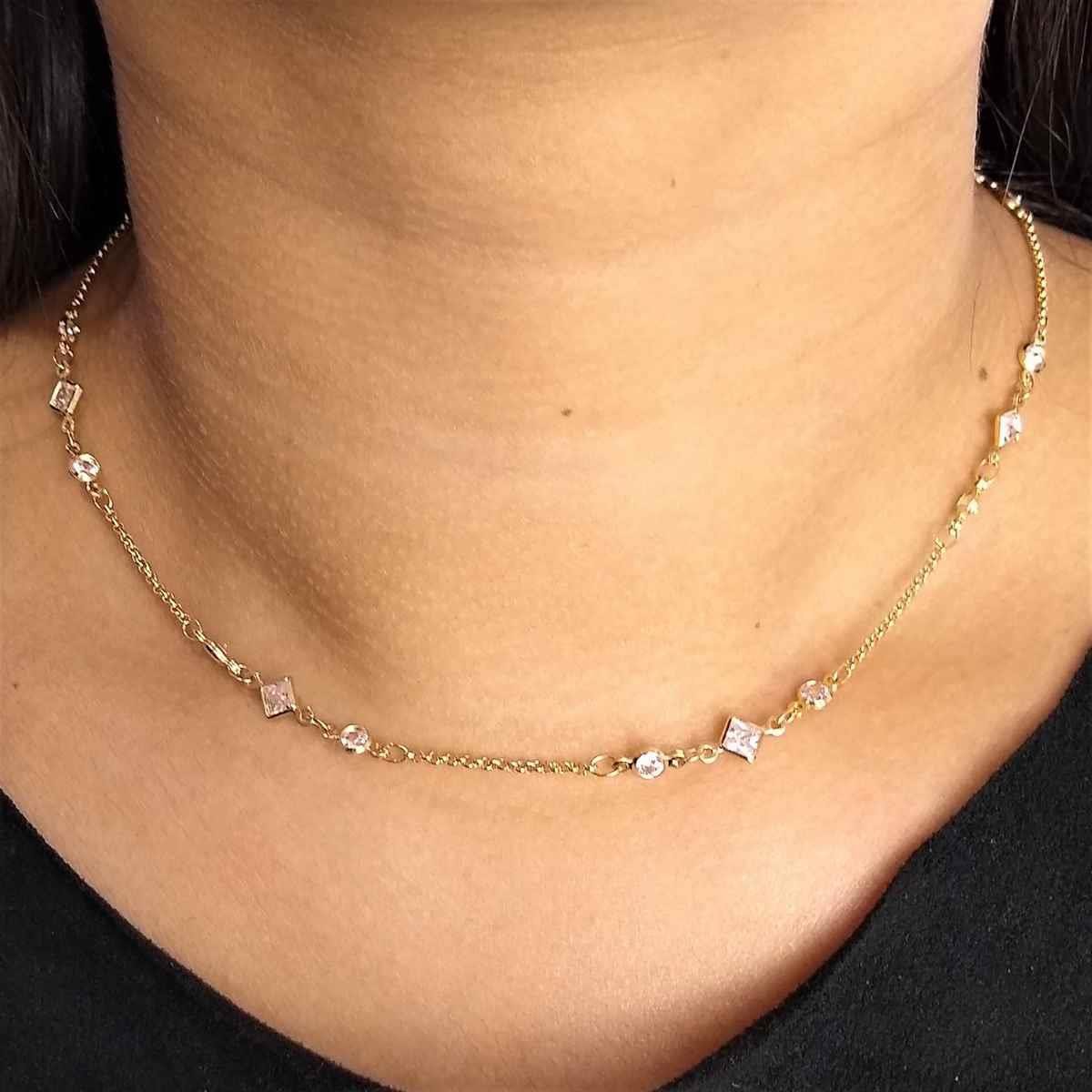 Gargantilha Choker 35cm Elo Português Com Zircônias Folheado a Ouro