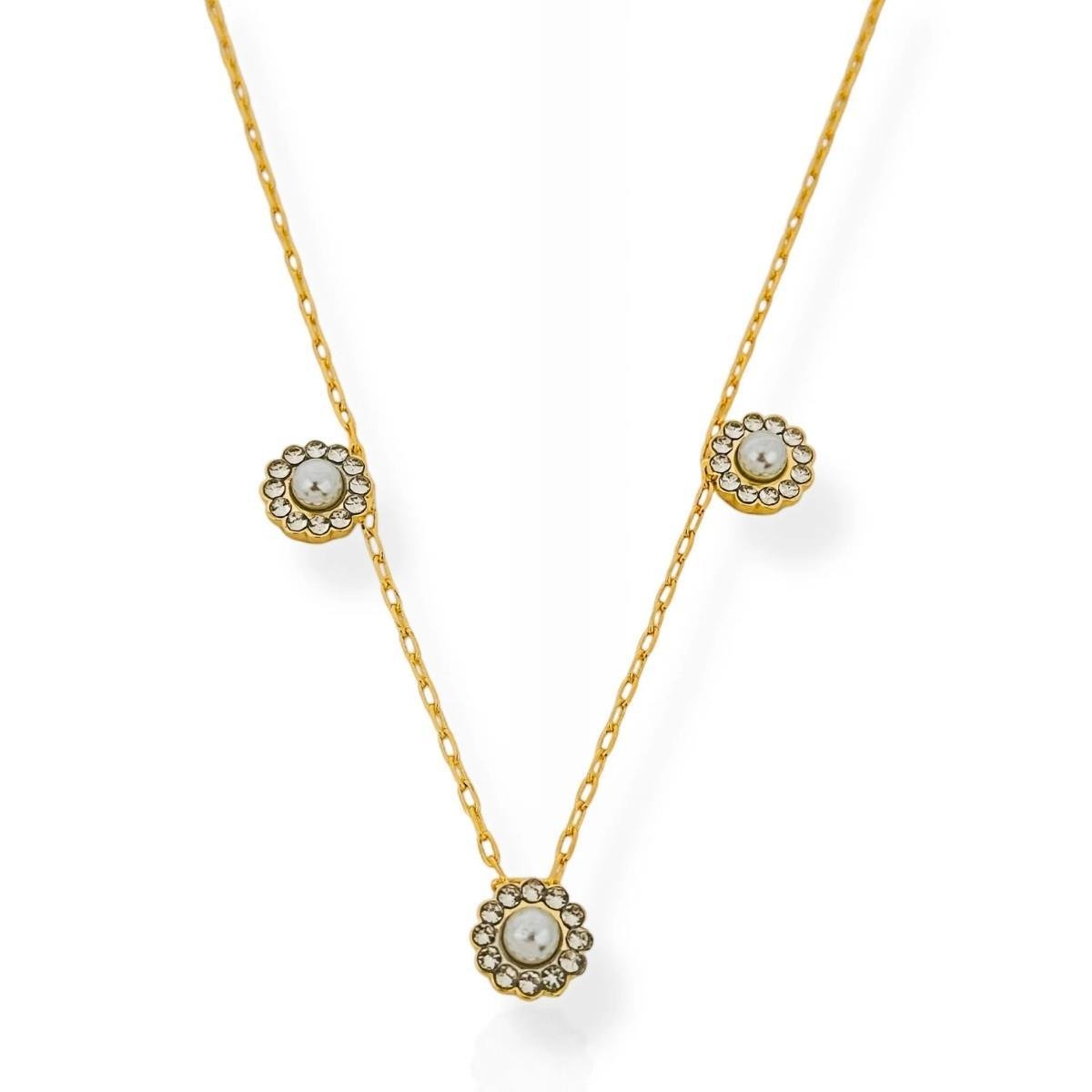 GARGANTILHA COM 3 FLORES DE PÉROLA E CRISTAL BANHADA A OURO