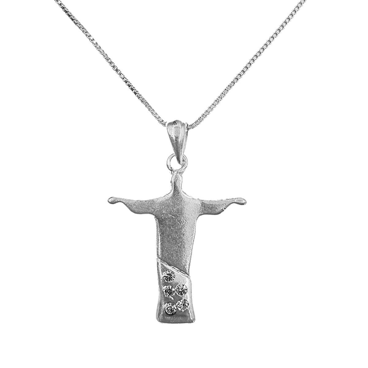 Gargantilha com Pingente de Cristo Redentor com Strass Folheado a Prata