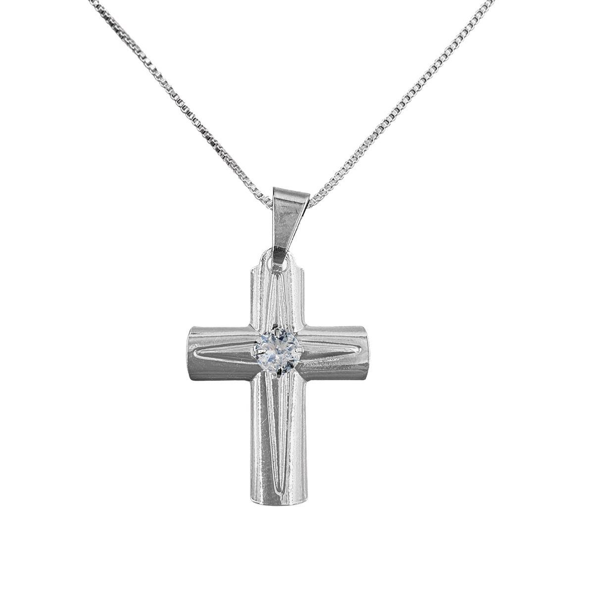 Gargantilha Com Pingente Cruz Com Strass Folheado a Prata