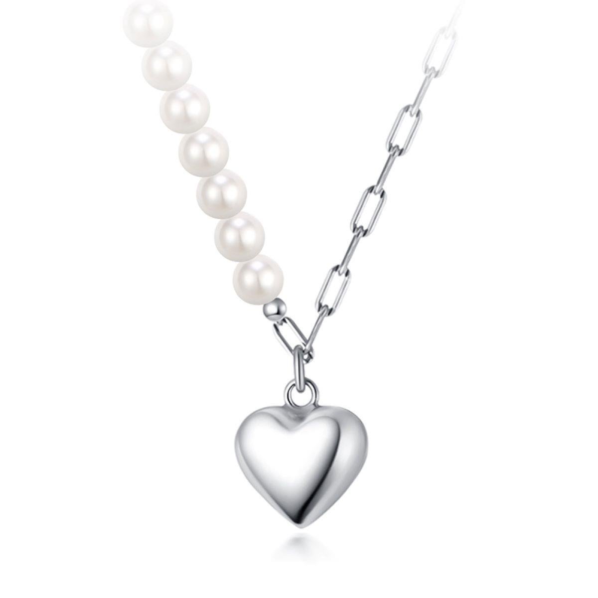 GARGANTILHA DE PRATA 925 CHOKER CORAÇÃO COM PÉROLAS 40CM