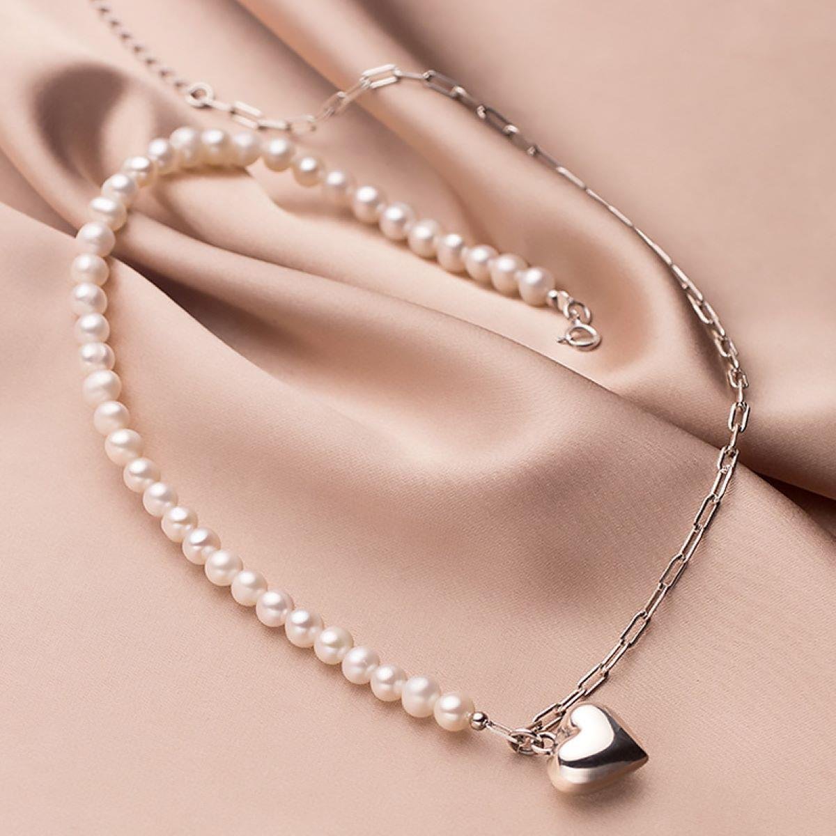 GARGANTILHA DE PRATA 925 CHOKER CORAÇÃO COM PÉROLAS 40CM