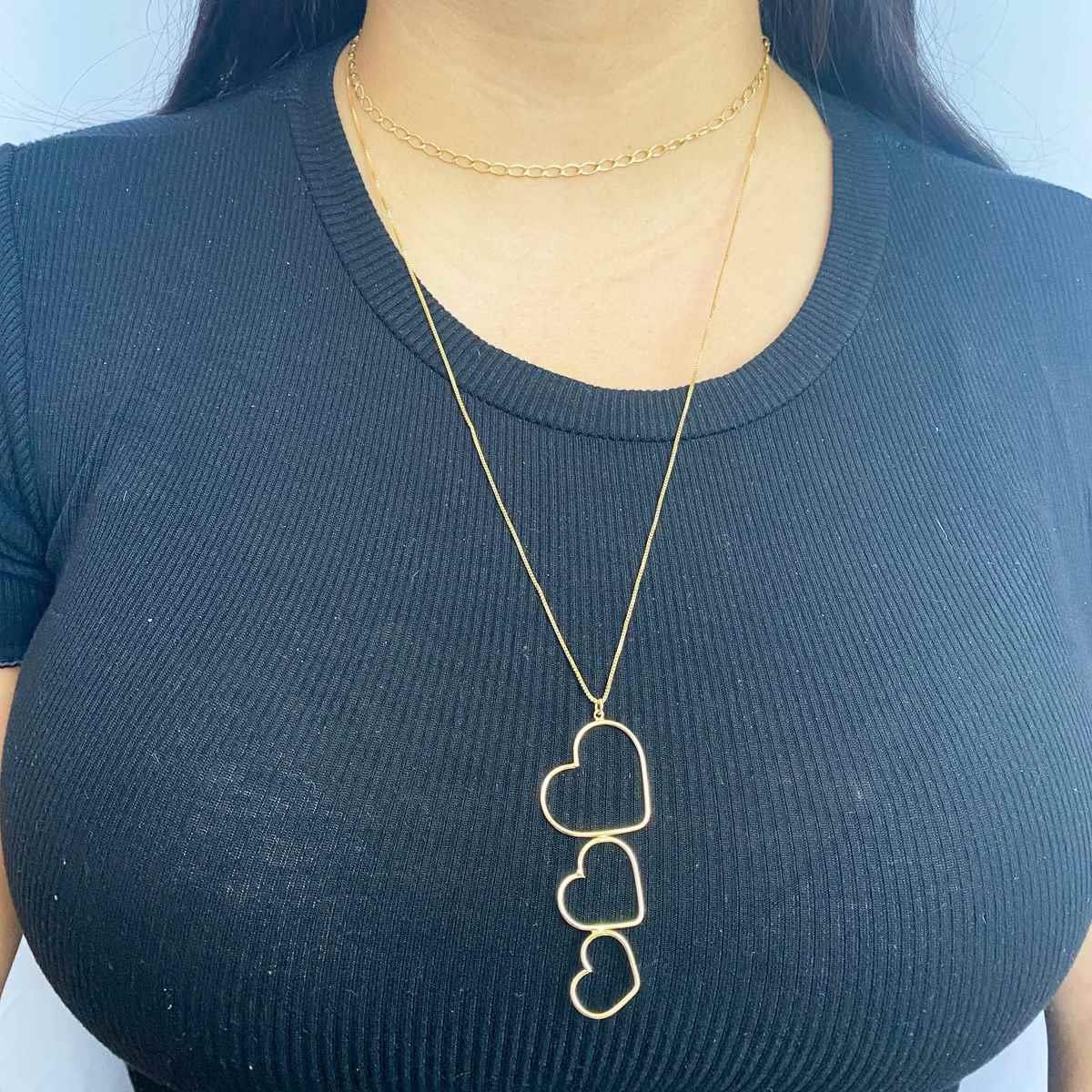 Gargantilha Dupla 3 Corações 35cm Folheado a Ouro