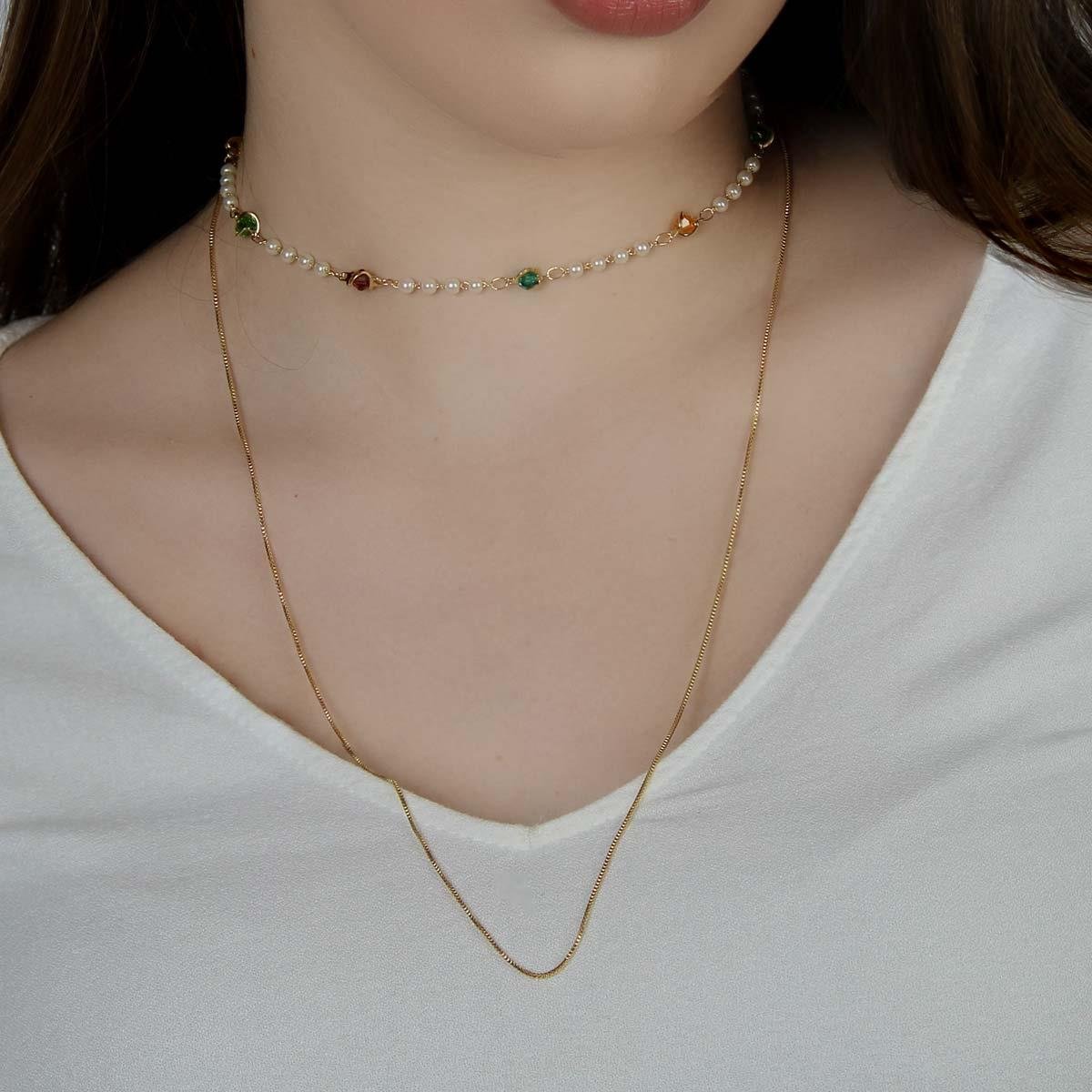 Gargantilha Dupla com Pérolas e Swarovski Folheado a Ouro