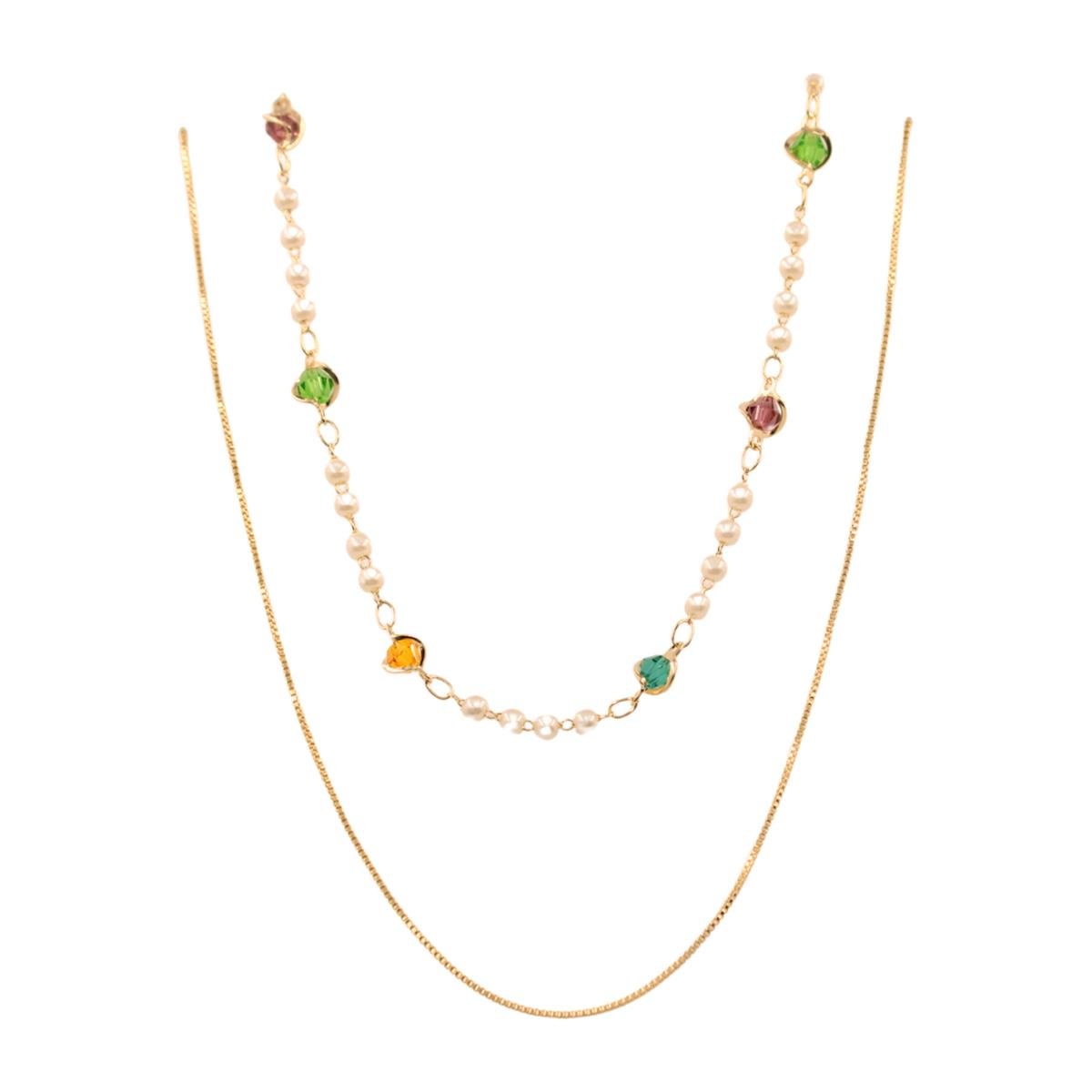 Gargantilha Dupla com Pérolas e Swarovski Folheado a Ouro