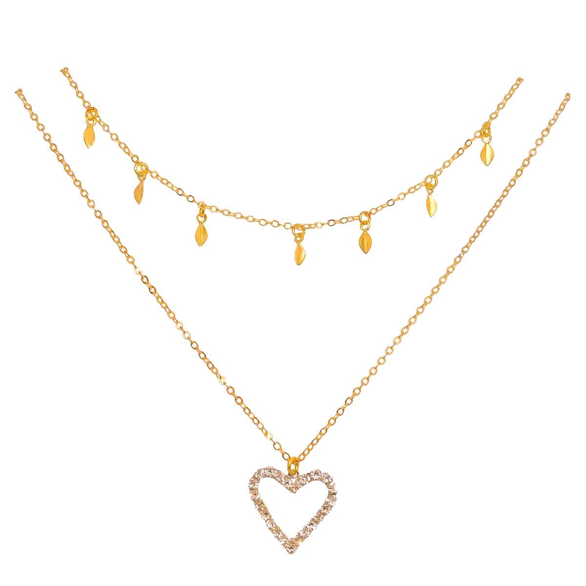 Gargantilha Dupla com Folhinha e Coração Folheada a Ouro