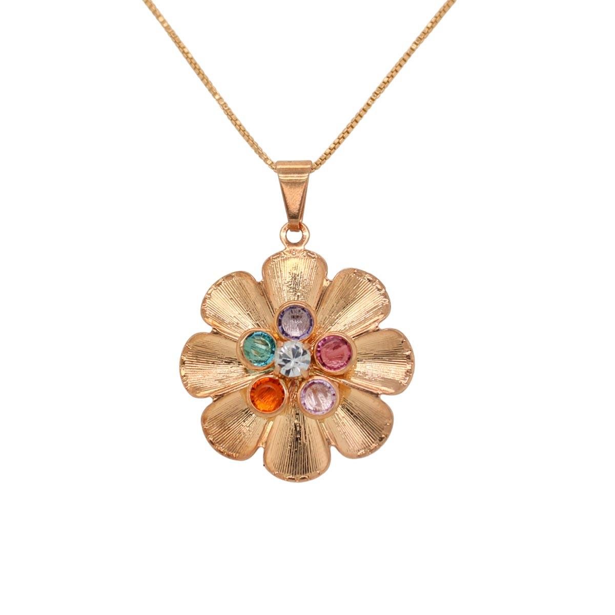 Gargantilha com Pingente de Flor Trabalhada com Pedras Folheado a Ouro