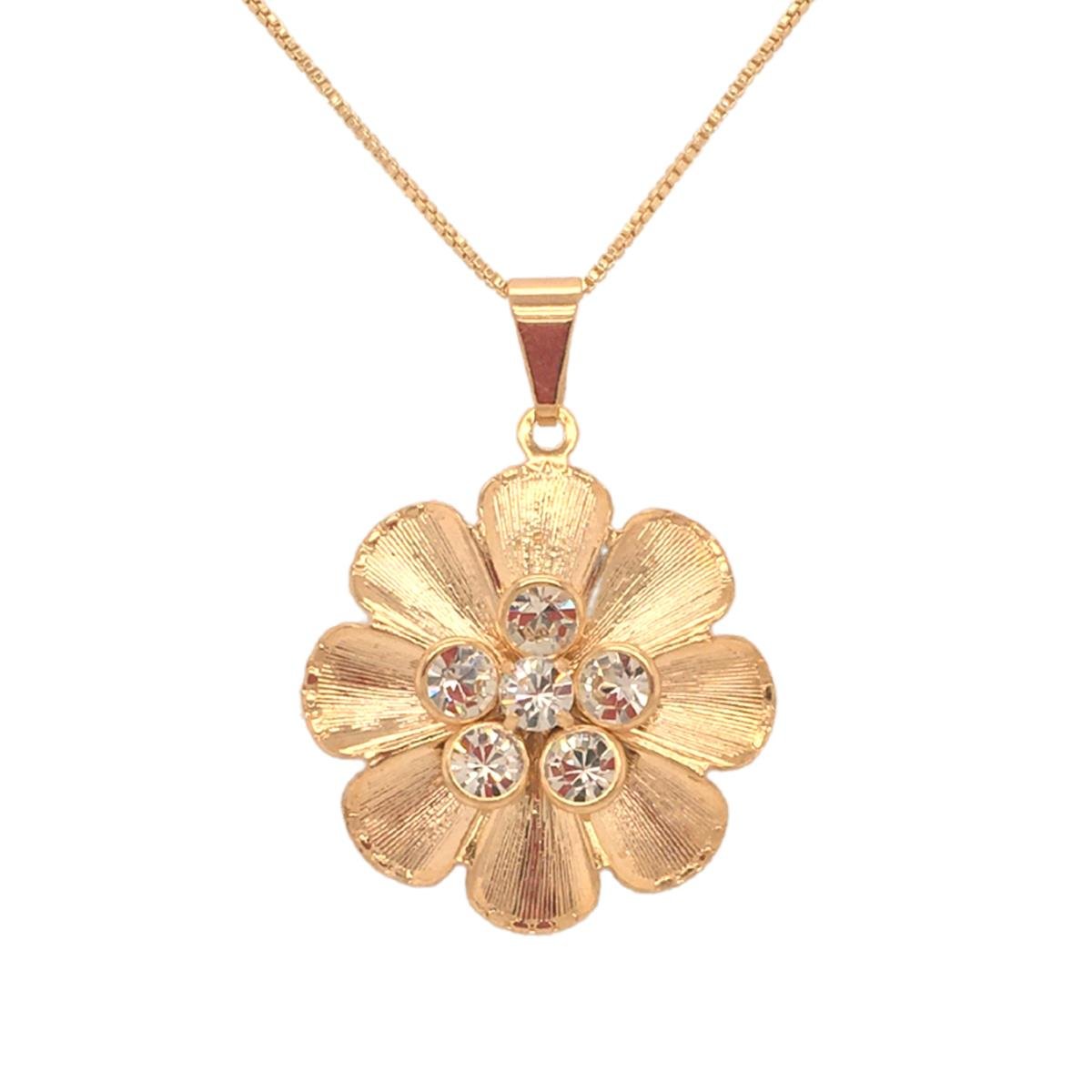Gargantilha com Pingente de Flor Trabalhada com Pedras Folheado a Ouro