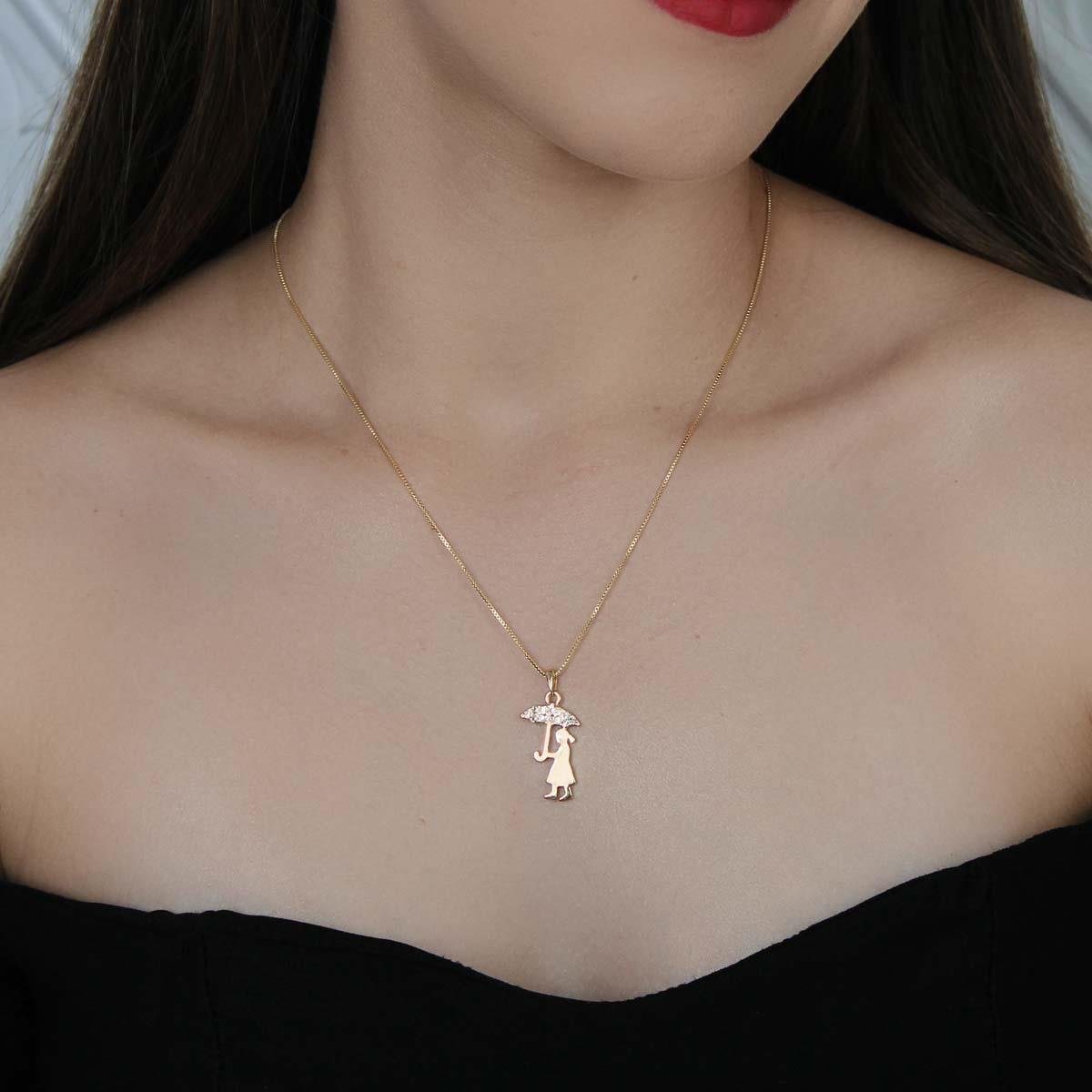 Gargantilha Pingente Menina Com Guarda Chuva Folheado a Ouro