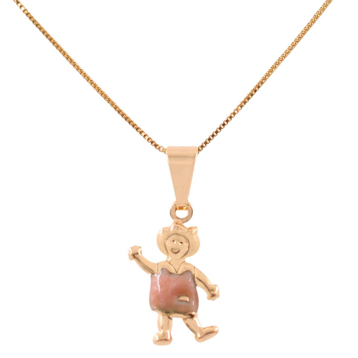 Gargantilha Veneziana Pingente Menina Com Vestido de Resina Folheado a Ouro