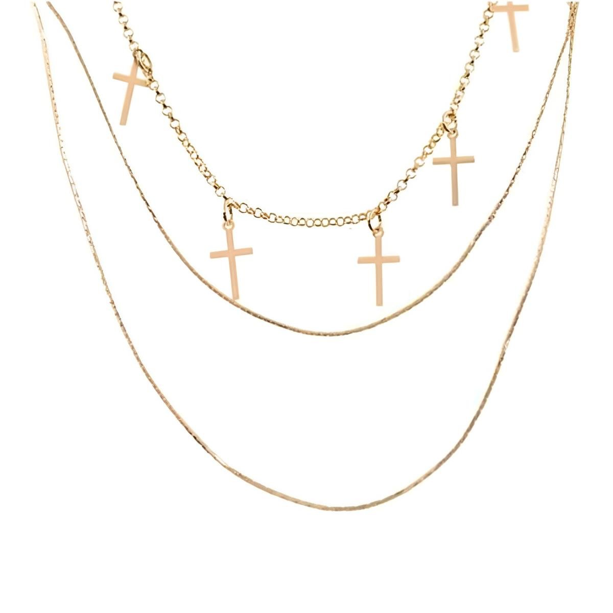 Gargantilha Tripla com Choker de Cruz Folheado a Ouro