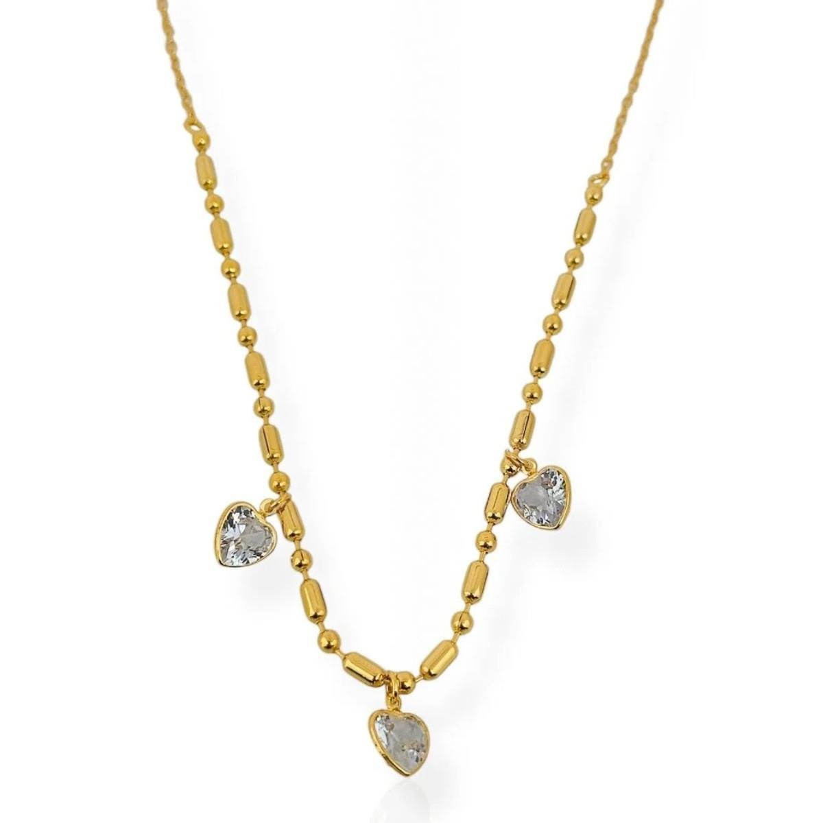 GARGANTILHA TUBO E BOLINHA COM 3 CORAÇÕES CRISTAL BANHADA A OURO