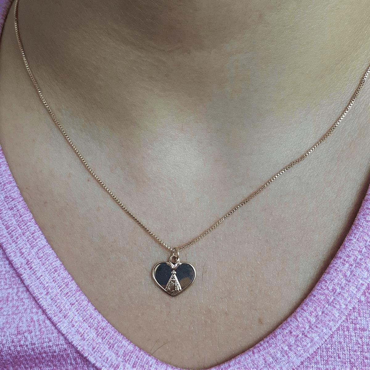 Gargantilha Veneziana Com Coração Nossa Senhora Folheado a Ouro