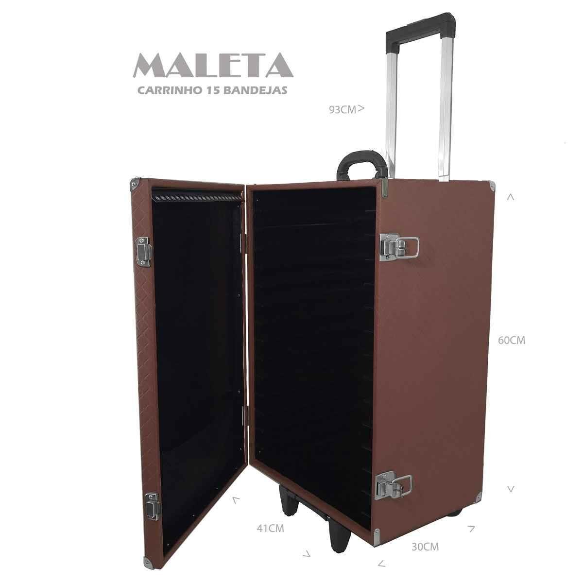 Maleta Carrinho em MDF Dijon Marrom Para 15 Bandejas Grande de Corino- Sob Encomenda