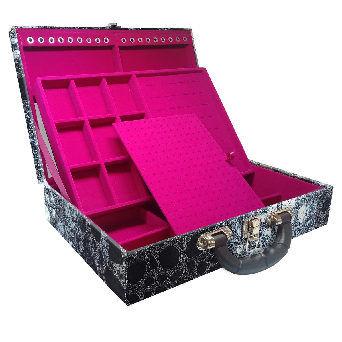 Estojo Maleta Porta Jóias Duplo Grande Athenas Com Alça Preta e Espelho