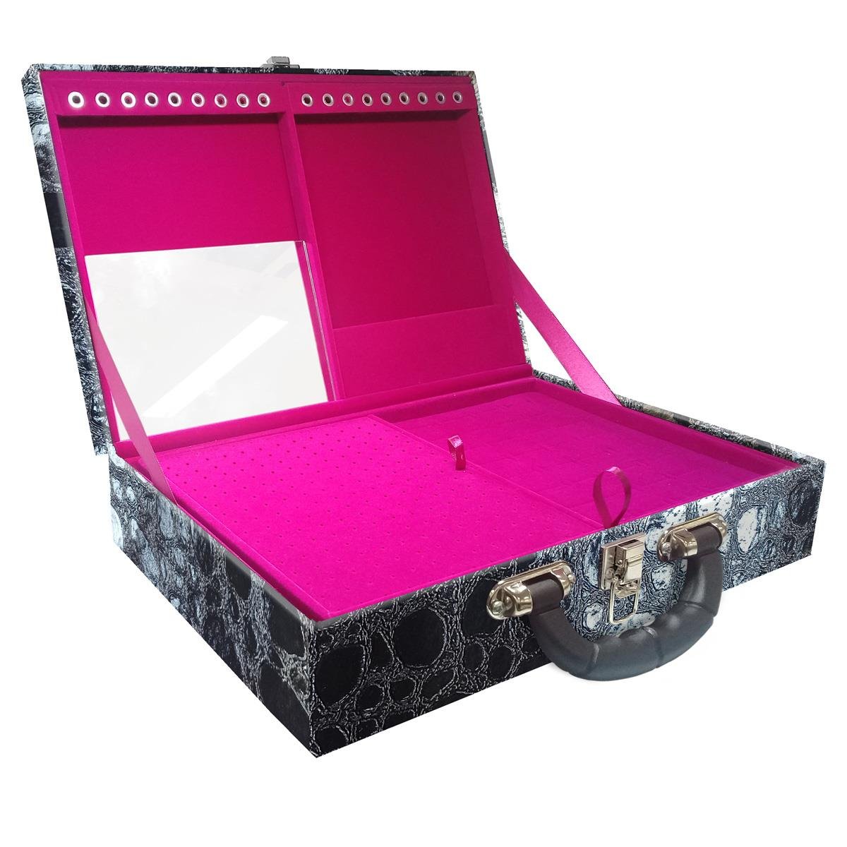 Estojo Maleta Porta Jóias Duplo Grande Athenas Com Alça Preta e Espelho