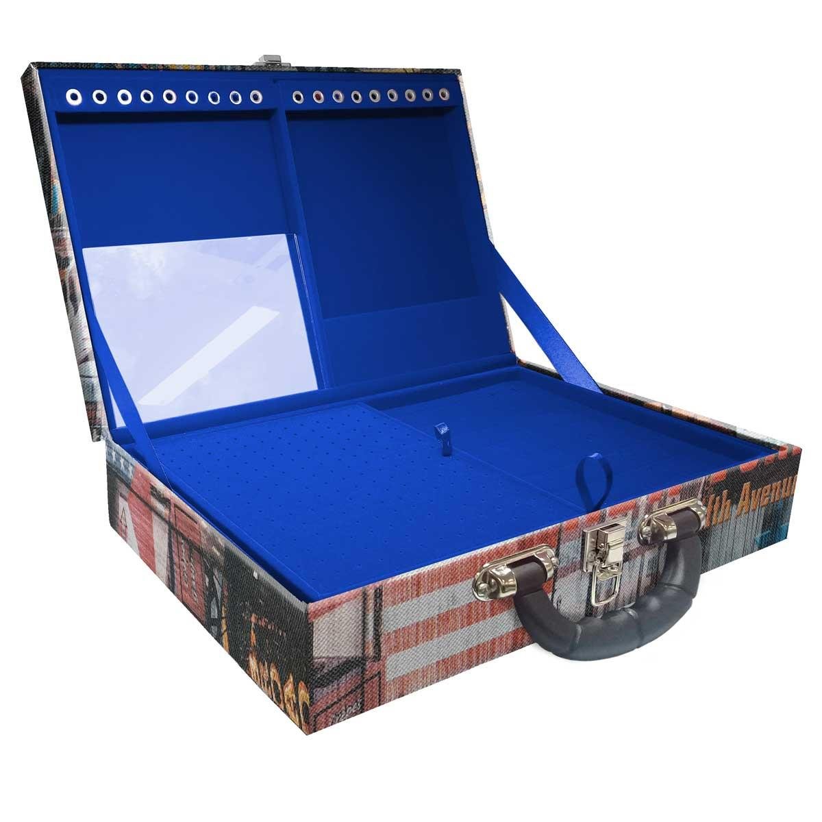 Estojo Maleta Porta Jóias Duplo Grande Big Apple Com Alça Preta e Espelho