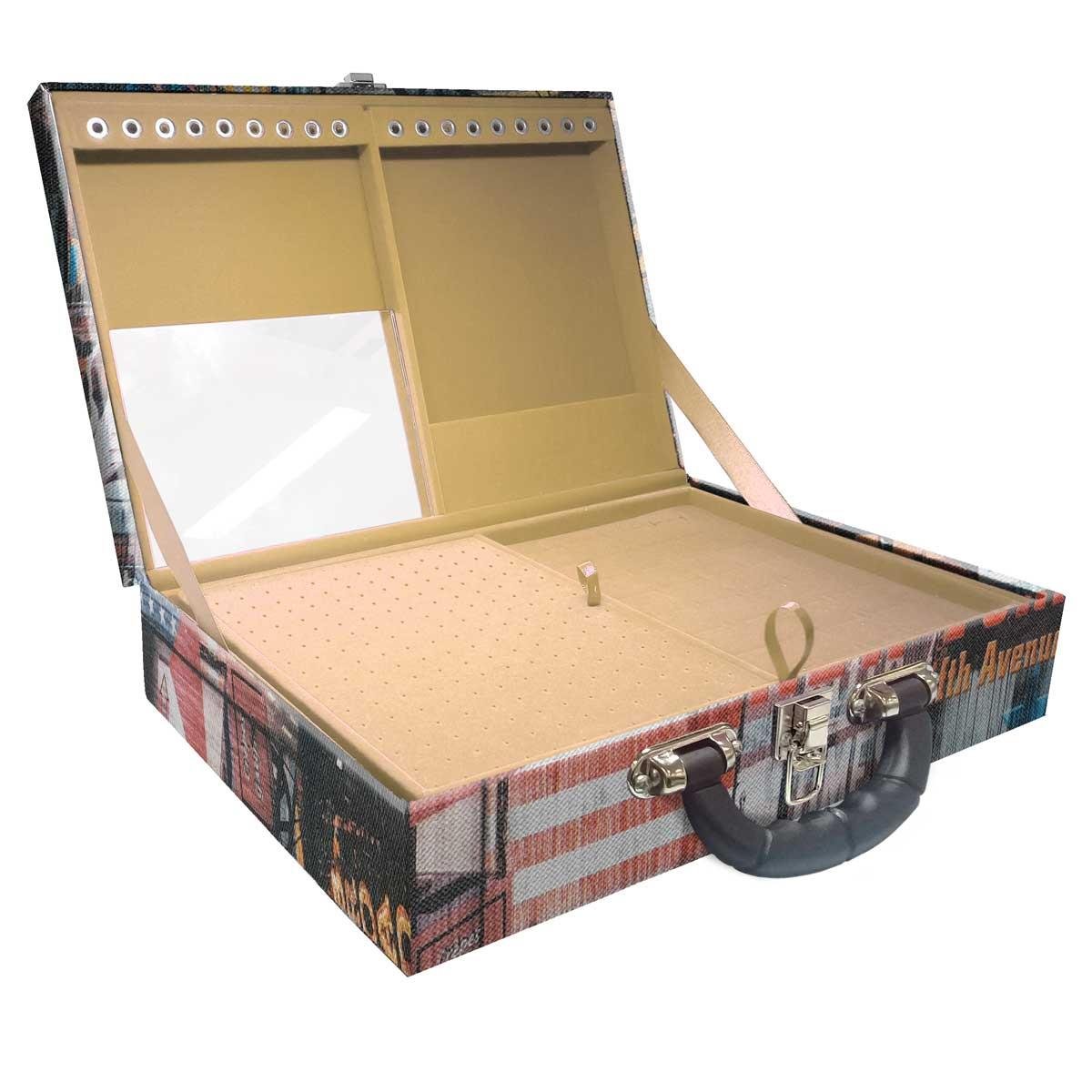 Estojo Maleta Porta Jóias Duplo Grande Big Apple Com Alça Preta e Espelho